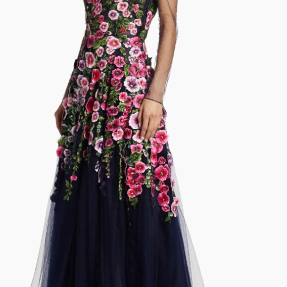 OSCAR De La RENTA  Hollyhocks Threadwork Tulle Long-Sleeve Gown Size 14  $4,990 - Picture 7 of 15